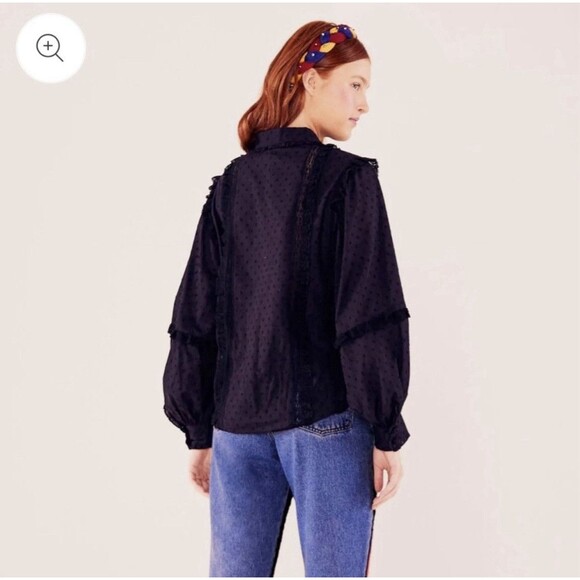 Farm Rio Blouse XS Black Romantic Swiss Dot Ruffle Button Up Victorian Boho - Picture 4 of 16